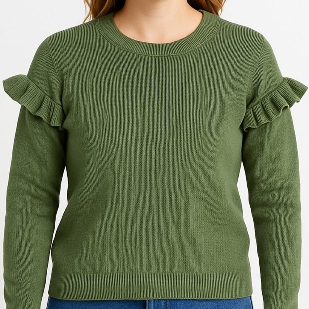 J.Crew Sweater Womens L Green Ruffle Sleeve Cotton Ribbed Knit Classic Fit‎